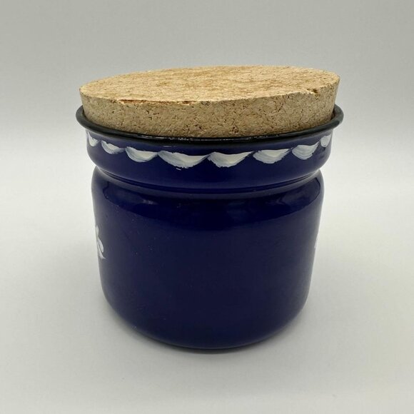 Vintage Enamel Jar Canister Blue Hand Painted Flowers Cork Lid Poland Storage - Picture 3 of 9
